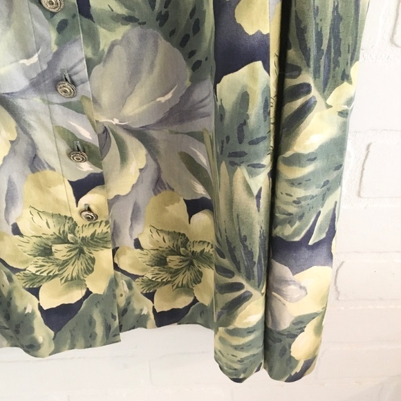 NWOT Vintage Midi Skirt Floral Tropical Leaves Print Button down Blue Cream 16 - Picture 4 of 9